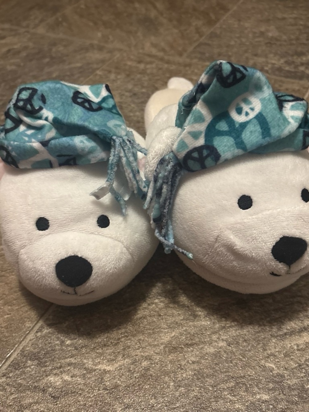 Old Navy White Polar Bear Plush Slippers with Teal Peace-Print Ears